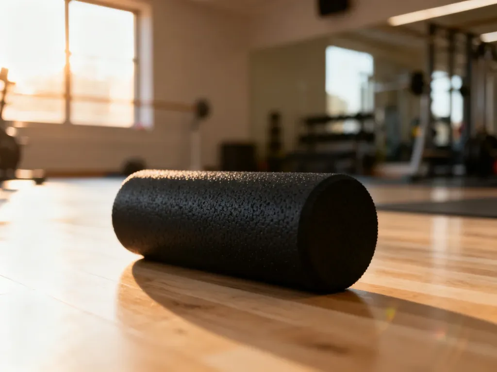 Czarny roller do masażu mięśni leżący na drewnianej podłodze w jasnym, słonecznym studiu fitness.