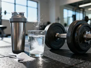 Profesjonalna mata do ćwiczeń i hantle na podłodze w słonecznej sali fitness, gotowe do treningu mięśni brzucha.