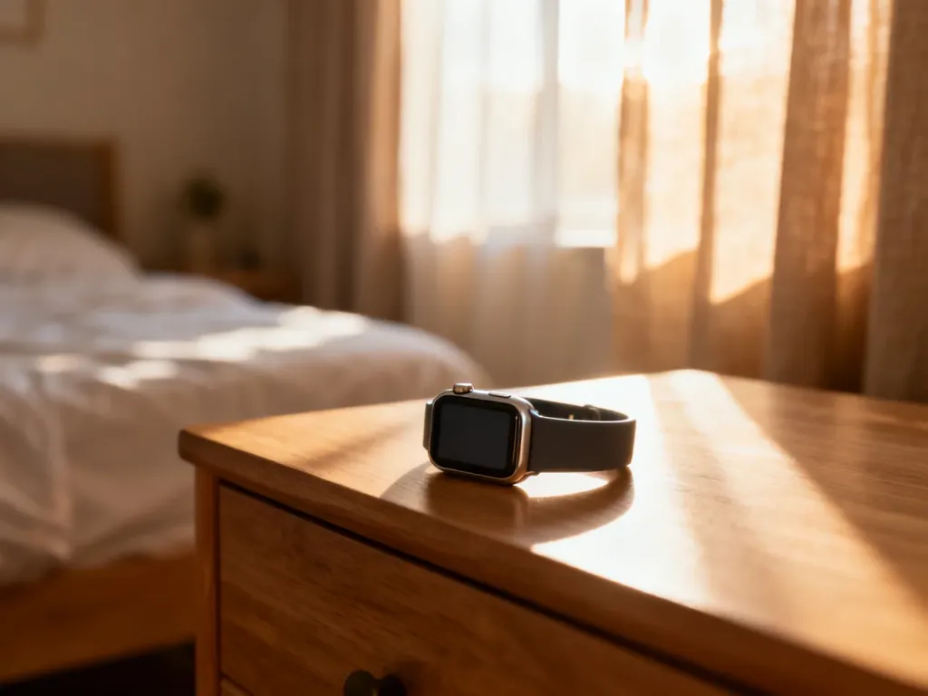 Smartwatch na drewnianym stoliku nocnym w sypialni, symbolizujący monitorowanie snu i regenerację organizmu.