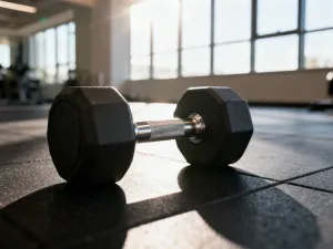 Czarny roller do masażu mięśni leżący na drewnianej podłodze w jasnym, słonecznym studiu fitness.
