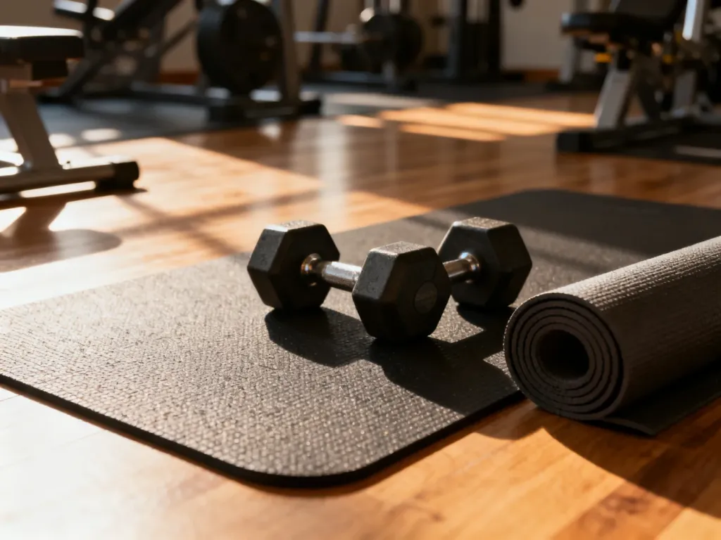Profesjonalna mata do ćwiczeń i hantle na podłodze w słonecznej sali fitness, gotowe do treningu mięśni brzucha.