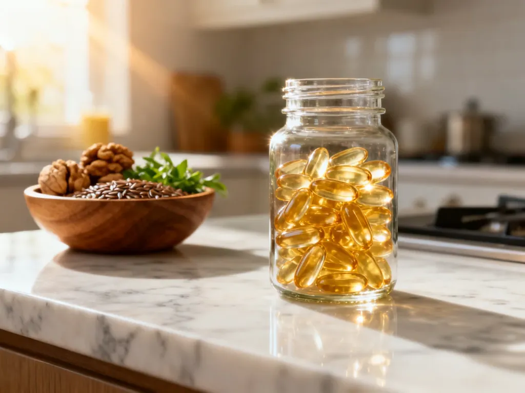 Szklana butelka ze złotymi kapsułkami omega-3 na marmurowym blacie w otoczeniu orzechów i nasion lnu.