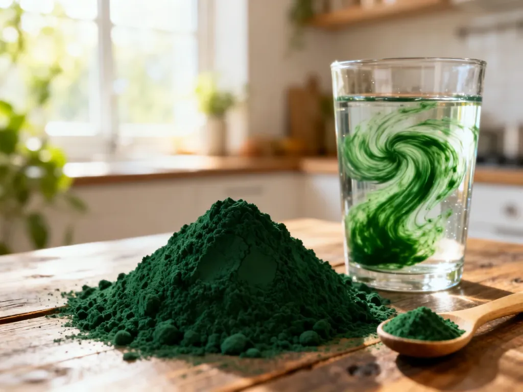 Sypka spirulina w proszku obok szklanki z zielonym napojem na drewnianym stole w słonecznej kuchni.