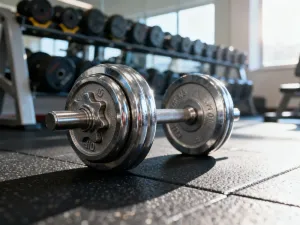 Wałek do masażu (roller) leżący na podłodze w nowoczesnym studio fitness, przygotowany do ćwiczeń rozluźniających mięśnie.