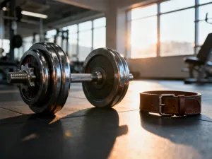 Mata do ćwiczeń, buty sportowe i butelka wody w słonecznej sali fitness, przygotowane do treningu mięśni brzucha.