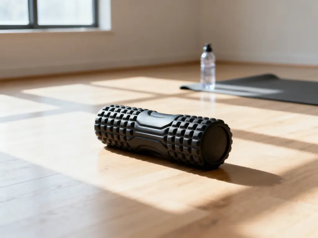 Profesjonalny roller do masażu mięśni leżący na drewnianej podłodze w minimalistycznym studiu fitness.