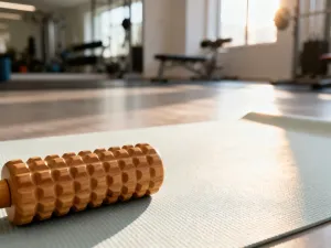 Stół do masażu sportowego z olejkami i taśmami kinezjologicznymi w nowoczesnym gabinecie fizjoterapii.