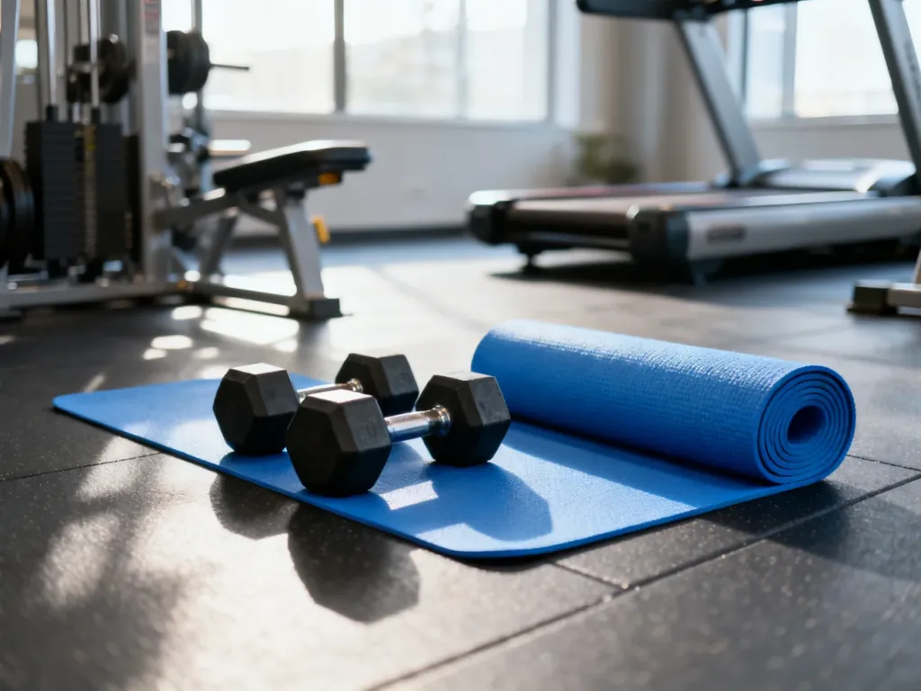 Nowoczesna siłownia z hantlami i matą do ćwiczeń, przygotowana do treningu siłowego lub cardio.