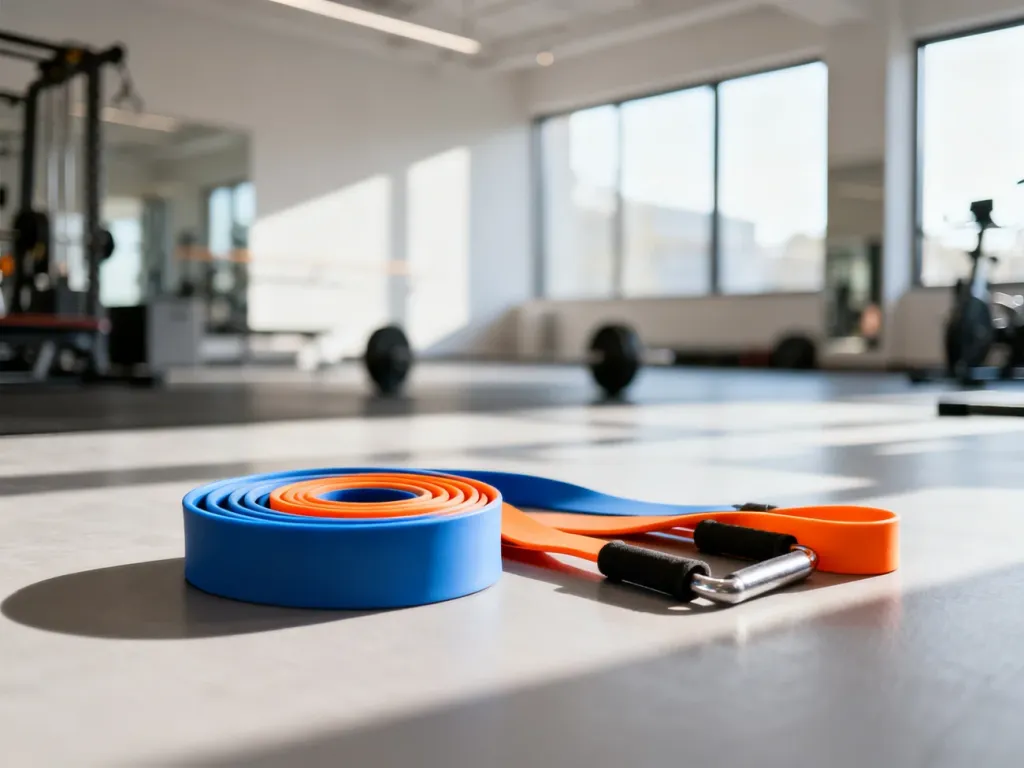 Zestaw kolorowych taśm i gum oporowych ułożonych na podłodze w nowoczesnej sali fitness.