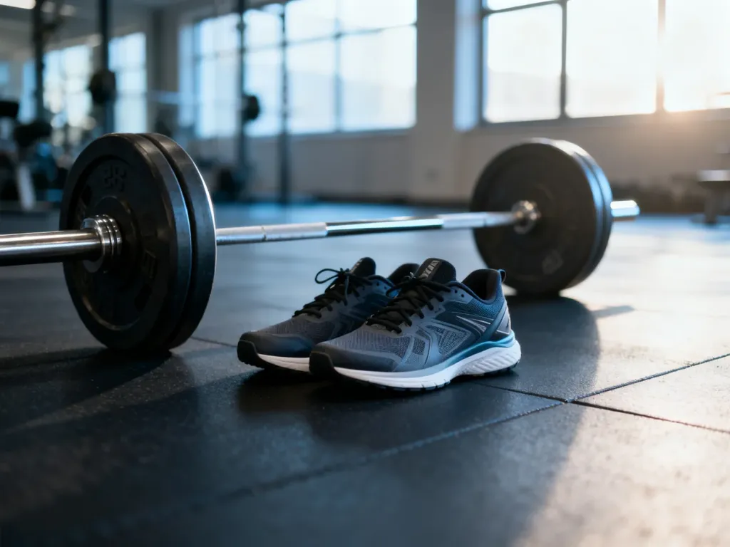 Sportowe obuwie i sztanga z obciążeniem na podłodze w profesjonalnej siłowni, gotowe do treningu półprzysiadów.
