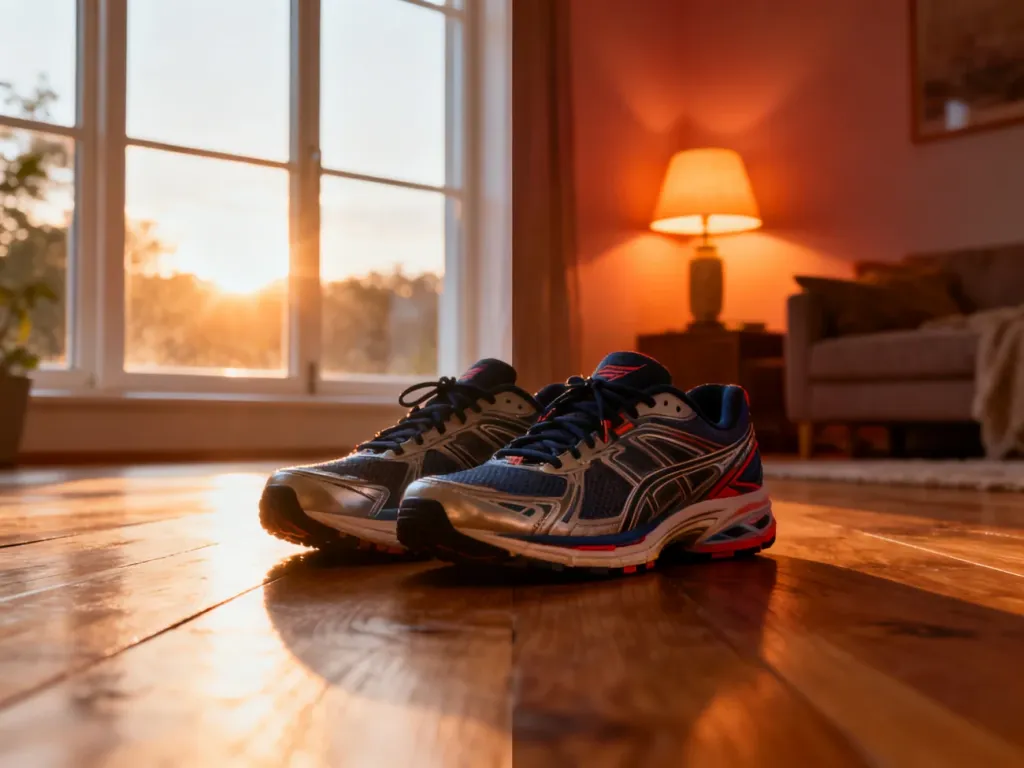 Buty sportowe na drewnianej podłodze na tle kontrastujących wnętrz: słonecznego poranka i przytulnego wieczoru.