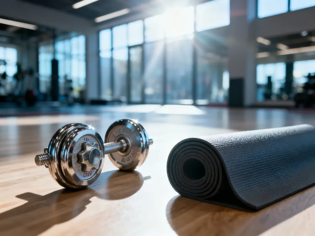 Hantle i zwinięta mata do jogi na drewnianej podłodze w nowoczesnym, słonecznym studiu fitness.
