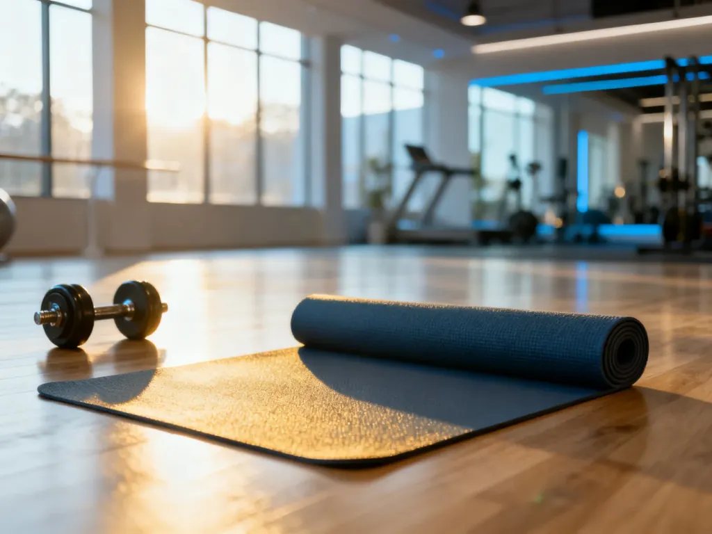 Mata do ćwiczeń i hantle na podłodze w profesjonalnej sali fitness, przygotowane do treningu mięśni brzucha.