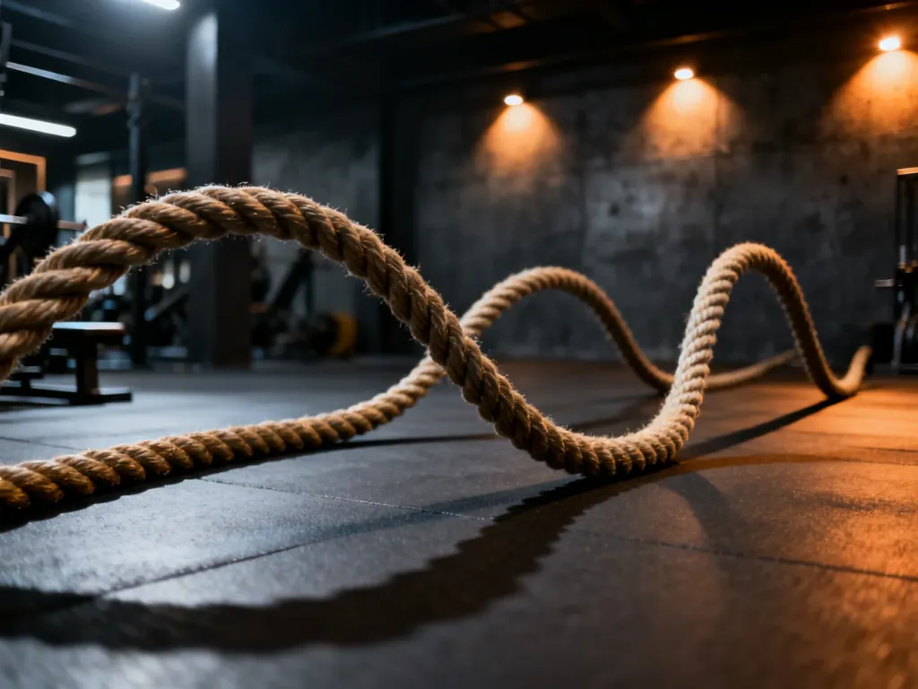 Ciężkie liny treningowe zwinięte na podłodze nowoczesnej siłowni, gotowe do intensywnego treningu typu battle ropes.