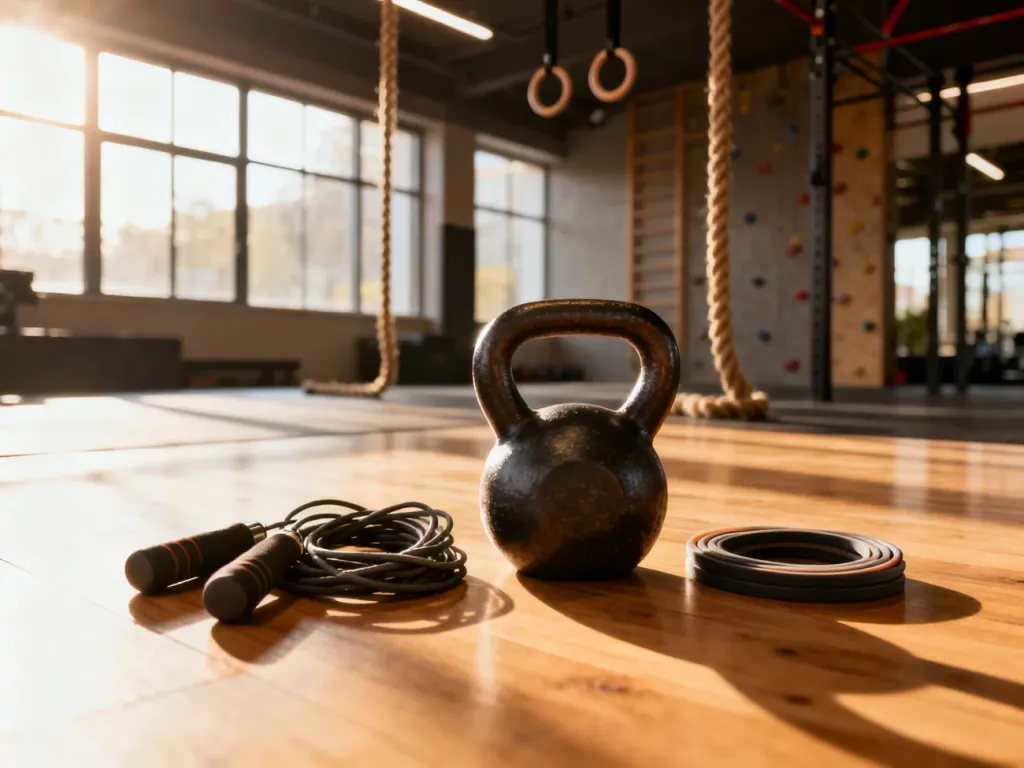 Nowoczesna sala fitness z akcesoriami do treningu funkcjonalnego, takimi jak kettlebell, skakanka i gumy oporowe.