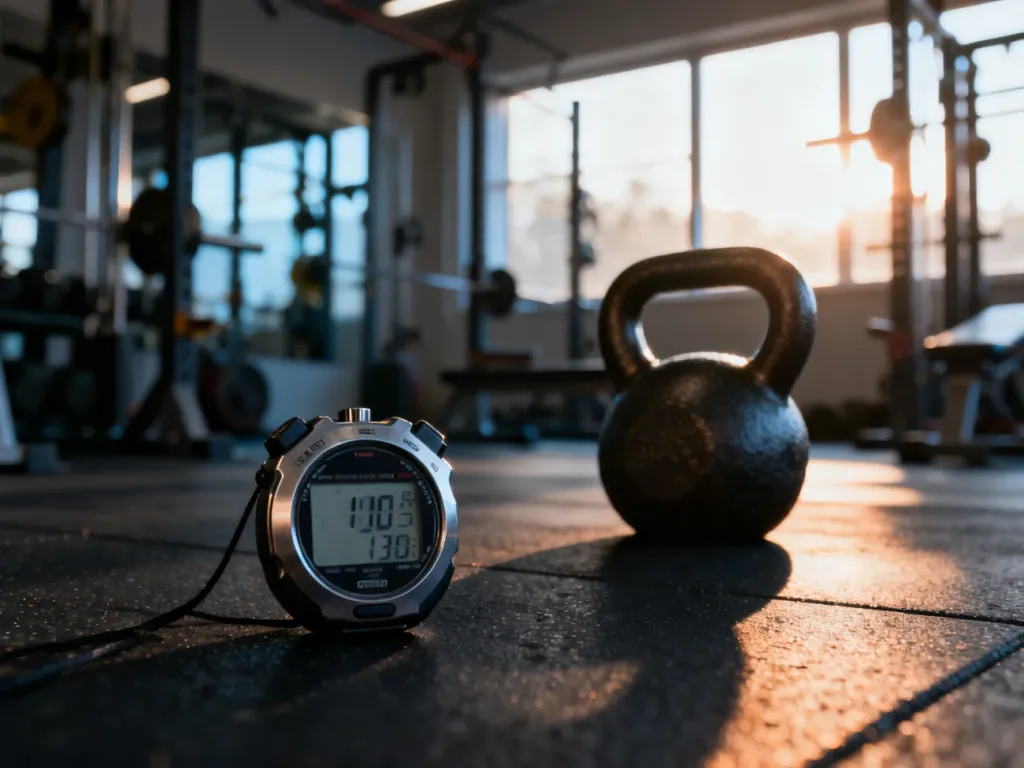 Stoper cyfrowy i kettlebell na podłodze siłowni, symbolizujące trening interwałowy EMOM.