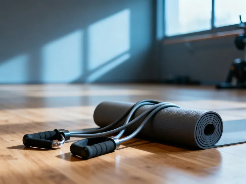 Mata do jogi i gumy oporowe na drewnianej podłodze w minimalistycznym studiu fitness, gotowe do treningu izometrycznego.