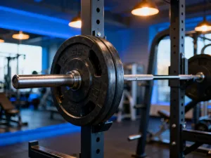 Stoper cyfrowy i kettlebell na podłodze siłowni, symbolizujące trening interwałowy EMOM.