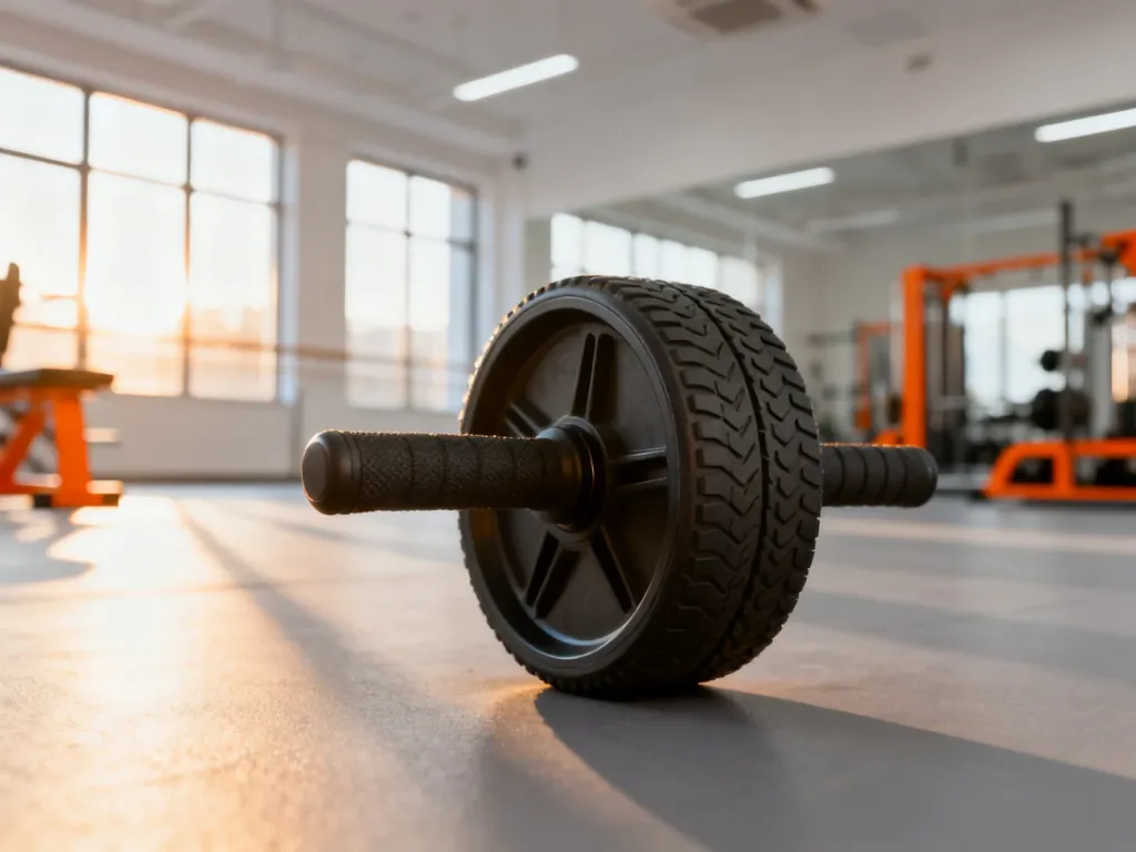 Rolka do ćwiczeń mięśni brzucha ustawiona na podłodze w nowoczesnej sali fitness w świetle poranka.