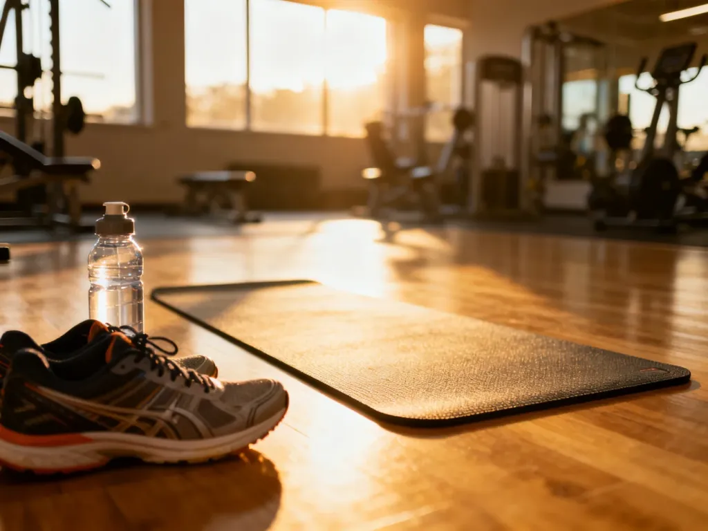 Mata do ćwiczeń, buty sportowe i bidon w słonecznym studio fitness, zachęcające do rozpoczęcia treningu brzucha.