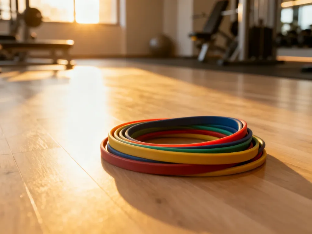 Kolorowe gumy oporowe ułożone na drewnianej podłodze w profesjonalnym studiu fitness.