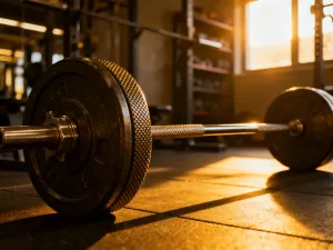 Hantle i mata do jogi na podłodze w nowoczesnym studio fitness, symbolizujące początek drogi do wymarzonej sylwetki.