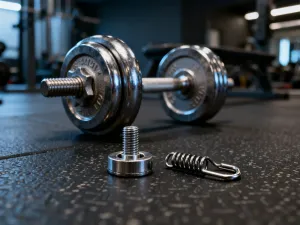 Różne rodzaje wałków do masażu mięśni ułożone na drewnianej podłodze w jasnym, minimalistycznym studiu fitness.