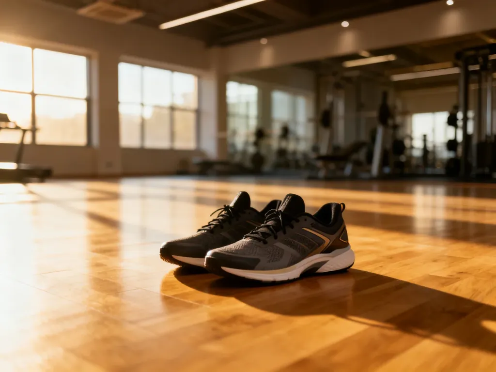 Sportowe buty na drewnianej podłodze w nowoczesnej sali fitness, zachęcające do rozpoczęcia treningu przysiadów.