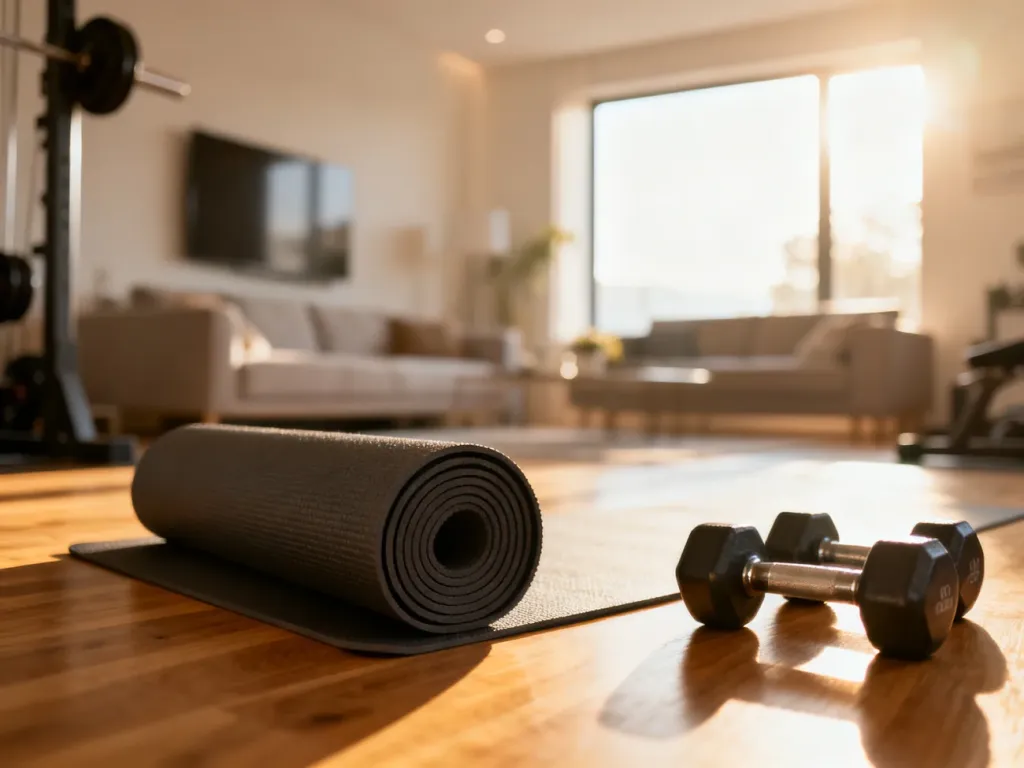 Minimalistyczny kącik do ćwiczeń z matą do jogi i hantlami w słonecznym salonie, zachęcający do treningu mięśni brzucha.