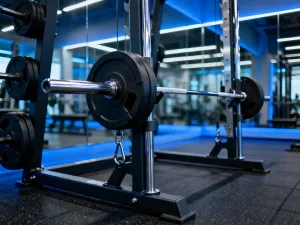 Zestaw sprzętu do ćwiczeń, w tym hantle, kettlebell, mata i gumy oporowe, ułożony na podłodze nowoczesnej siłowni.