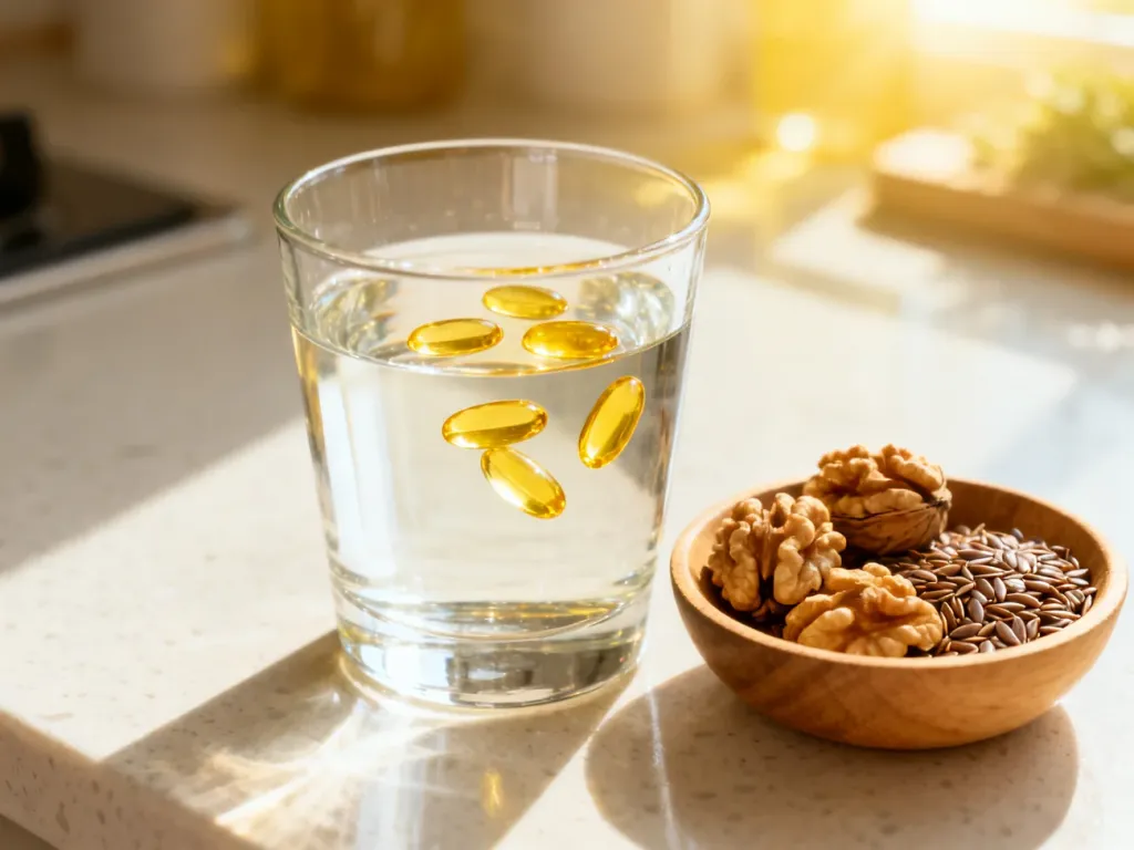 Szklanka wody z kapsułkami omega-3, orzechami włoskimi i siemieniem lnianym na słonecznym blacie kuchennym.