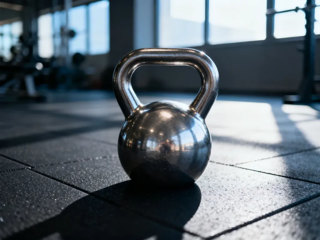 Stalowy kettlebell na podłodze siłowni, symbolizujący intensywny trening beztlenowy i budowanie siły.