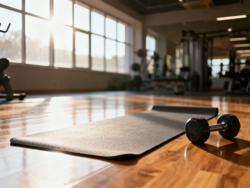 Mata do ćwiczeń i hantle na podłodze w nowoczesnym studio fitness, przygotowane do treningu brzucha.