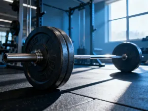 Metalowy hantel leżący na podłodze siłowni, symbolizujący początek treningu siłowego i pracy nad mięśniami bicepsa.